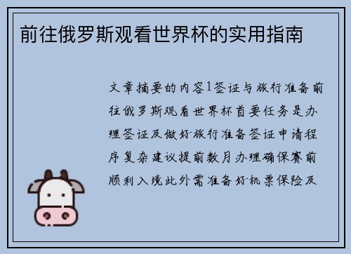 前往俄罗斯观看世界杯的实用指南 前往俄罗斯观看世界杯的实用指南
